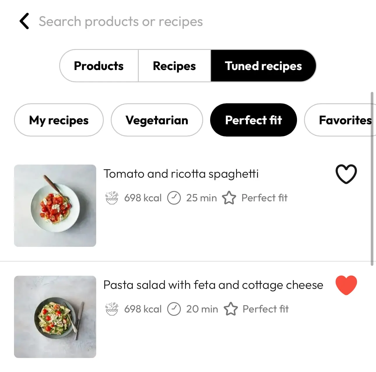 Tuned recipes in the FoodCoach app